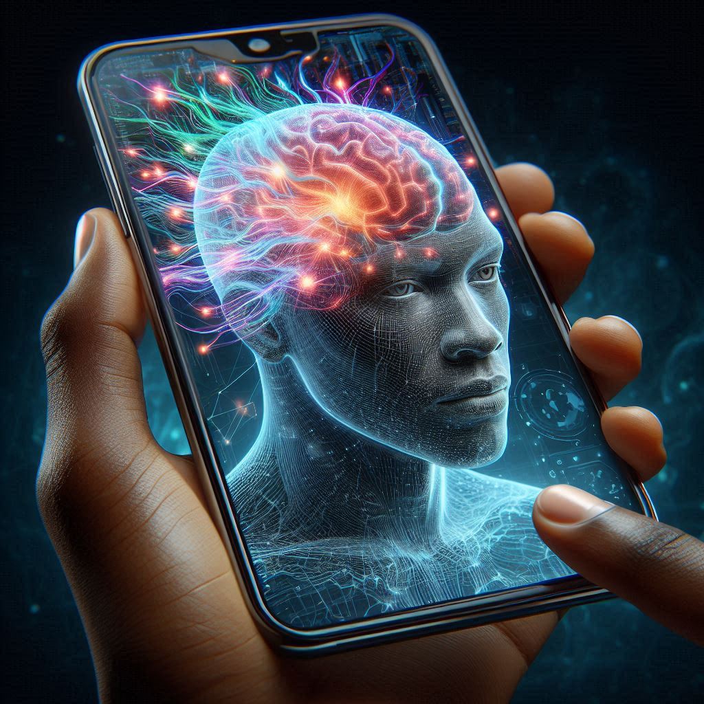 a hand holding a cell phone with a glowing brain on the screen